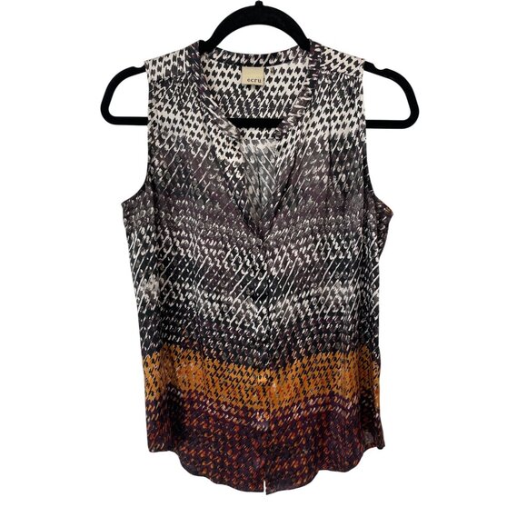 Ecru Sleeveless Button Front Shirt Size Small V Neck Multi Geometric Print Silk - Picture 1 of 8